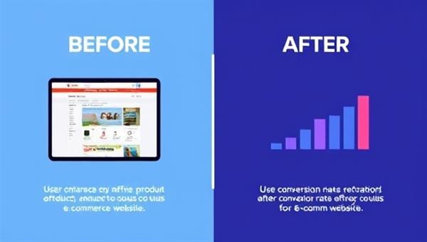 A visually appealing graphic showing a before-and-after comparison of an e-commerce website, highlighting the improvements in user interface, product visibility, and sales conversion rates after optimization services from E-comm Boost.