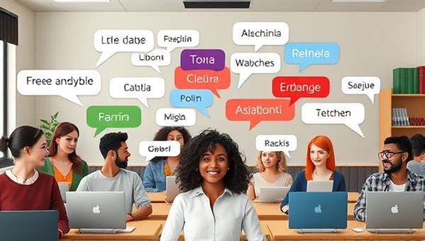 An online language classroom scene with diverse avatars representing different cultures engaged in a virtual language exchange session, with speech bubbles displaying phrases in various languages, fostering a dynamic and inclusive learning environment.