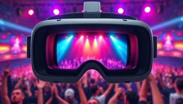 A virtual reality headset displaying a vibrant virtual concert stage with a cheering crowd, capturing the excitement and energy of a live performance in a digital world.