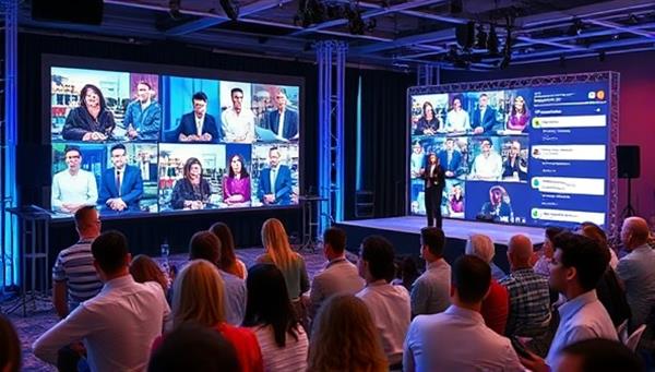 A virtual event setup with a diverse group of people engaging in interactive activities on a digital screen, a virtual stage with speakers, and a live chat feature, conveying the dynamic and immersive nature of virtual events designed by VirtualVibe Events.