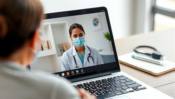 An image of a laptop screen showing a virtual consultation between a patient and a healthcare provider, with medical tools and a notepad visible in the background, demonstrating the convenience and professionalism of telemedicine services.