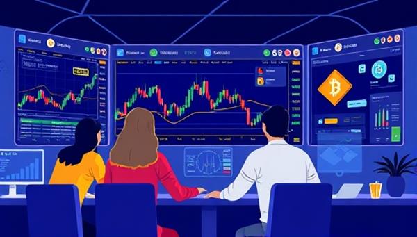 A digital illustration featuring a diverse group of individuals participating in a virtual cryptocurrency trading simulation, with charts, graphs, and digital assets displayed around them, symbolizing hands-on learning and practical investment experience offered by CryptoEdX.