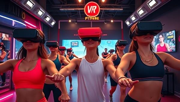 An immersive image of individuals wearing VR headsets and engaging in virtual fitness challenges within the VR FitZone platform, surrounded by futuristic workout environments and interactive fitness elements, showcasing the blend of technology and exercise for an exciting fitness experience.