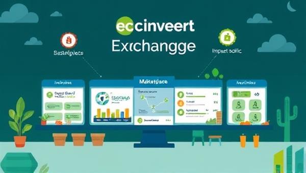An illustrative representation of the EcoInvest Exchange platform featuring a vibrant marketplace with eco-friendly investment options, sustainability badges, and impact metrics, symbolizing responsible investing, financial growth, and positive social change through sustainable investments.