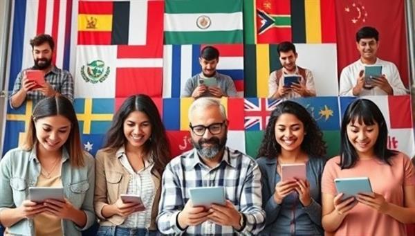 A diverse group of people engaging in a virtual language learning session, each interacting with the platform on their devices, with colorful language flags in the background, showcasing a dynamic and engaging learning environment.