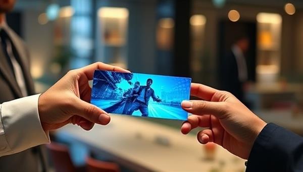 A professional exchanging an AR business card with a potential client, showcasing the card