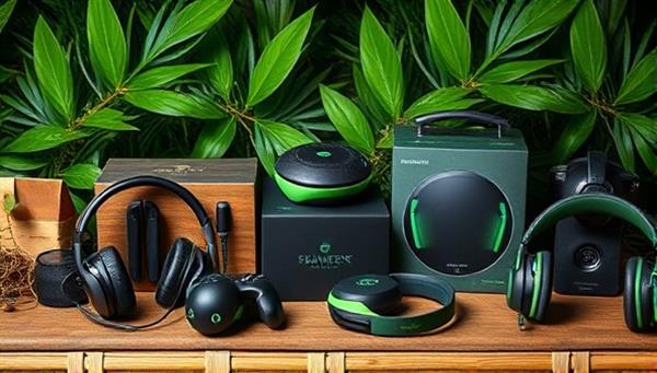 An assortment of eco-friendly gaming accessories displayed against a backdrop of lush greenery and natural elements, showcasing the sustainable materials, sleek design, and high-performance features of the eco-conscious gaming gear collection, appealing to environmentally conscious gamers and tech enthusiasts.
