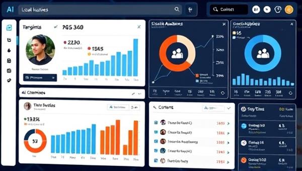 An advanced AI interface displaying real-time social media data for a local business, with targeted audience demographics, engagement metrics, and AI-generated content suggestions, reflecting efficiency and precision in marketing strategies.