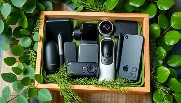 An assortment of sleek and sustainable tech gadgets arranged in a beautifully crafted eco-friendly box, surrounded by greenery and natural elements, symbolizing innovation and environmental consciousness.