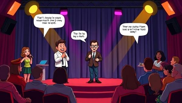 An animated comedy stage with humorous avatars performing stand-up routines, interacting with the virtual audience, and sharing jokes and laughter, capturing the essence of a lively and entertaining online comedy club experience.