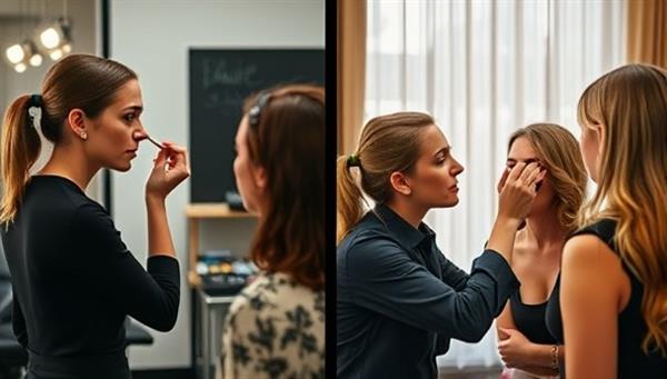 A split-screen image showcasing a makeup artist demonstrating a technique on one side, while participants practice the same technique on their own makeup setups on the other side, fostering a collaborative and interactive learning environment.