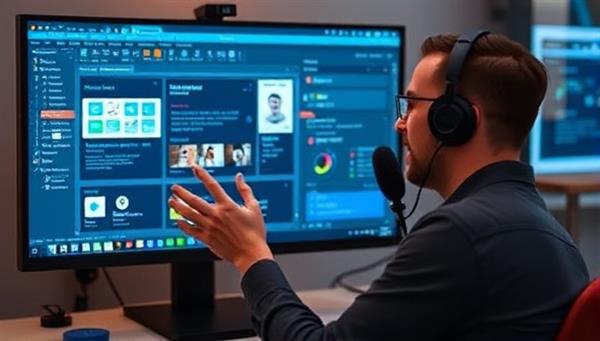 A designer interacting with a voice-activated web design assistant on a digital screen, issuing commands and seeing real-time design changes, highlighting the seamless integration of voice technology into the web design process and the assistant