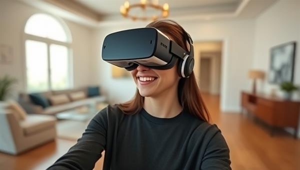 A person wearing VR goggles, smiling as they virtually walk through a beautifully designed home, with digital furniture popping up to showcase the potential of virtual real estate tours.