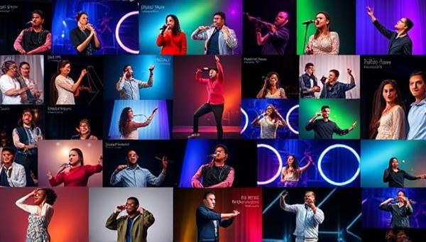 An eye-catching collage of diverse performers showcasing their talents through video clips on a digital platform, with vibrant colors and energetic performances, capturing the essence of creativity and diversity.