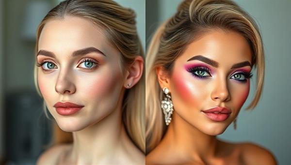 A dynamic split-screen image showing before and after makeup transformations by TikBeauty Agency, featuring a side-by-side comparison of a bare-faced individual and a fully glam look, with vibrant colors, trendy filters, and catchy music overlay, capturing the essence of TikTok beauty content creation.