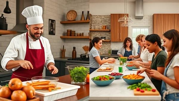 A split-screen image showing a professional chef teaching a virtual cooking class on one side and an enthusiastic group of participants cooking along in their kitchens on the other side, creating a dynamic and interactive cooking experience.