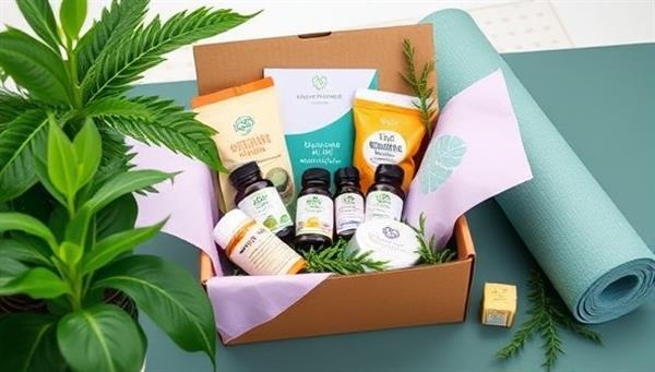 An elegantly packaged wellness subscription box filled with a variety of health products, including supplements, organic snacks, essential oils, and self-care items, surrounded by lush greenery and a yoga mat, evoking a sense of balance and rejuvenation.
