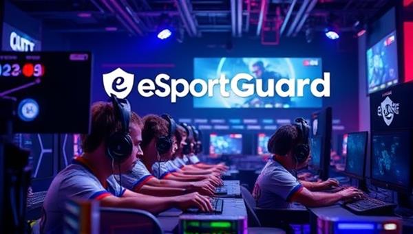 An action-packed visual of professional gamers in a competitive e-sports arena with eSportsGuard branding in the background, representing the dynamic and high-stakes environment of the e-sports industry and the protection offered by specialized insurance coverage.