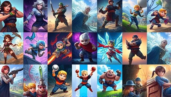 A vibrant digital art gallery displaying a variety of game art styles and designs, with colorful character illustrations, intricate backgrounds, and dynamic animations, showcasing the creativity and talent available on the commission marketplace.