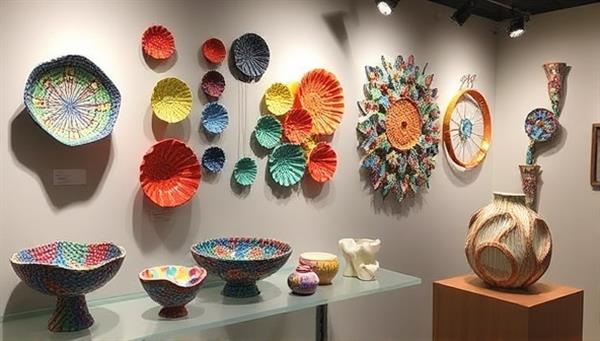 A gallery display featuring an assortment of recycled plastic art pieces, including vibrant bowls, intricate wall art, and sculptural vases, highlighting the unique textures and colors achieved through upcycling plastic materials at RePlastique Studio.