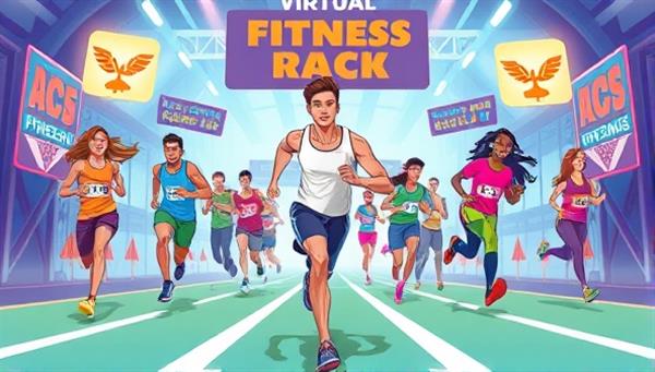 An energetic and dynamic illustration of users engaging in virtual fitness challenges, running in a digital race environment, surrounded by motivational messages and achievements, highlighting the fun and competitive aspect of the gamified fitness app.