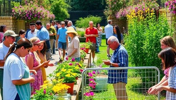 An image of a vibrant outdoor community event with diverse attendees engaging in seed swapping, plant exchanges, and interactive gardening workshops, surrounded by colorful blooms and greenery, fostering a sense of shared gardening passion.