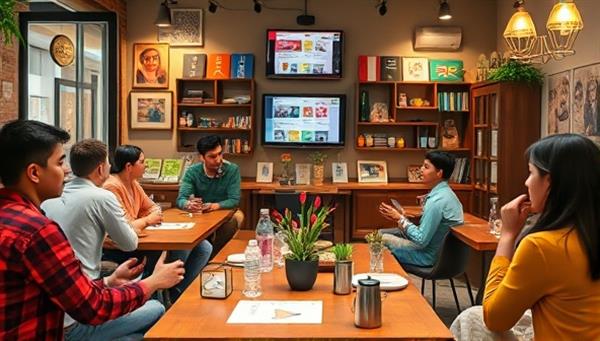 A digital language cafe scene with diverse participants engaging in language exchange sessions, cultural discussions, and virtual language games, creating a vibrant and immersive language learning experience.