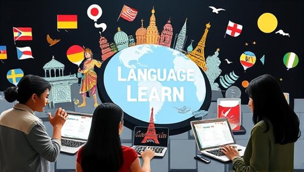 An interactive language exchange scene with users from different cultural backgrounds engaging in virtual conversations, exploring language lessons and cultural activities together, surrounded by virtual landmarks and symbols representing various languages and cultures, symbolizing global language learning and cultural immersion.
