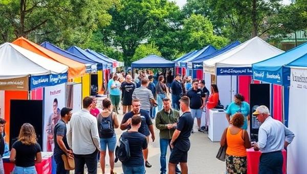 A bustling outdoor event space with colorful booths, job seekers networking with potential employers, and a stage for guest speakers and presentations, showcasing a vibrant and dynamic job fair atmosphere.