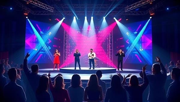 An artistic illustration of a virtual stage with spotlights shining on various performers showcasing their talents, surrounded by a virtual audience cheering and interacting, capturing the essence of the online talent show platform.