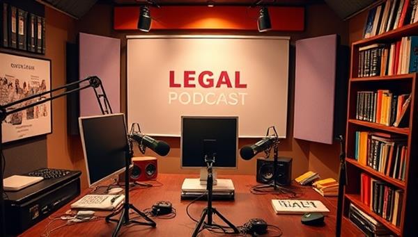 A vibrant and dynamic podcast studio setup with microphones, soundproofing panels, and legal-themed decorations, showcasing a professional and engaging environment for recording legal podcast episodes, surrounded by legal books and technology, symbolizing knowledge and innovation in legal podcasting.