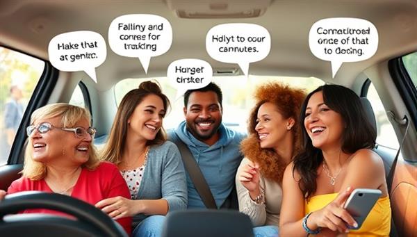 An engaging visual of a diverse group of commuters sharing a ride, laughing and conversing, with speech bubbles showing their interests and hobbies, illustrating the community and social connections fostered through CommuniCar