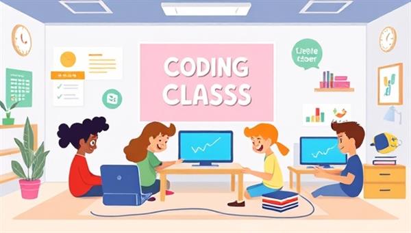 A playful digital illustration of a virtual coding class within CodeCrafters, featuring children engaging in coding activities, building digital projects, and collaborating on tech challenges, creating a fun and educational coding environment for young learners.