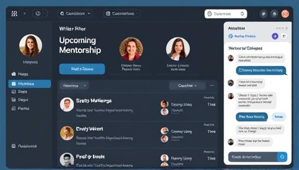A digital platform interface displaying a virtual mentorship dashboard with profile pictures of writers and mentors, upcoming workshop schedules, and a chat box for real-time communication, fostering a sense of connection and guidance in the online writing community.
