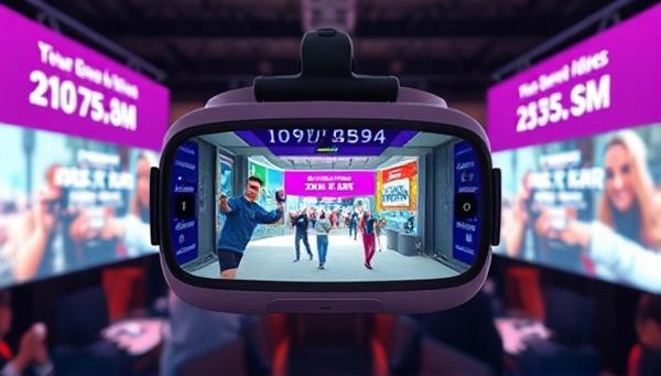 An immersive virtual reality headset displaying a virtual brand activation event with interactive elements, surrounded by digital screens showing positive audience engagement metrics, symbolizing the innovative and engaging nature of BrandVibe Virtual