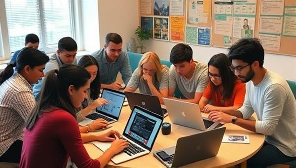 A diverse group of individuals engaged in a hands-on web design workshop, using laptops and design tools while interacting and collaborating, fostering a creative and learning-focused environment.