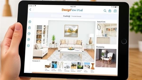 A virtual room design concept displayed on a tablet screen, showcasing a beautifully decorated living space with interactive elements like color swatches, furniture selections, and decor recommendations, providing a visual representation of the virtual design consultation service offered by DesignFlow Virtual.
