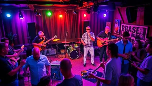 A dynamic music jamming lounge filled with musicians playing various instruments, singers performing on a stage, and participants interacting and collaborating in a vibrant and creative musical space, with colorful lights and a cozy ambiance that inspires musical expression and connection.