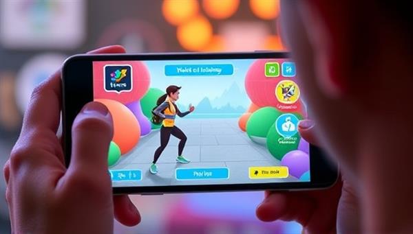 An engaging visual of a user interacting with the FitQuest Adventures app on a smartphone, showing a virtual fitness character completing a workout challenge in a vibrant and dynamic virtual world, highlighting the gamified fitness experience offered by the app.