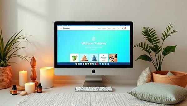 A serene online marketplace setting with a computer displaying a wellness platform interface, surrounded by calming decor elements like candles, crystals, essential oils, and meditation cushions, creating a harmonious and inviting holistic healing atmosphere.