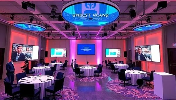 A digital rendering of a virtual event setup with interactive features, networking lounges, and speaker sessions, illustrating the immersive and engaging environment created by VirtuPlan Events for virtual gatherings.