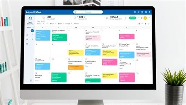 An organized social media content calendar displayed on a computer screen, with colorful post ideas, engagement metrics, and a sleek calendar layout, showcasing the user-friendly and efficient features of ContentWave