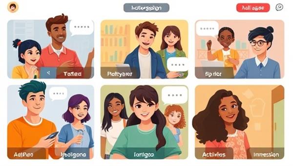 An interactive language learning interface featuring diverse characters engaging in virtual conversations, interactive quizzes, and cultural immersion activities, creating a dynamic and engaging platform for language acquisition.