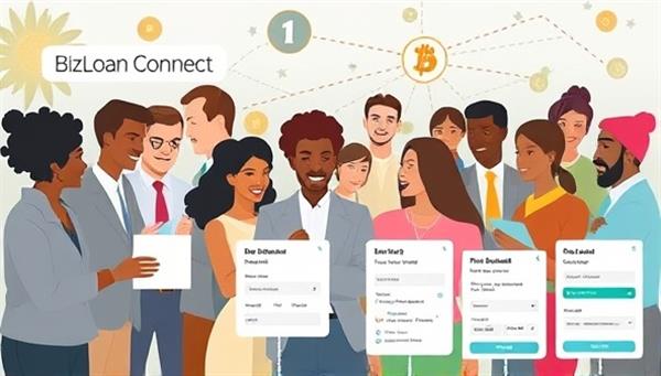 An engaging visual of a diverse group of small business owners and lenders connecting and collaborating on the BizLoan Connect platform, with digital loan application forms, funding options, and growth projections, illustrating the ease and accessibility of securing business loans online.