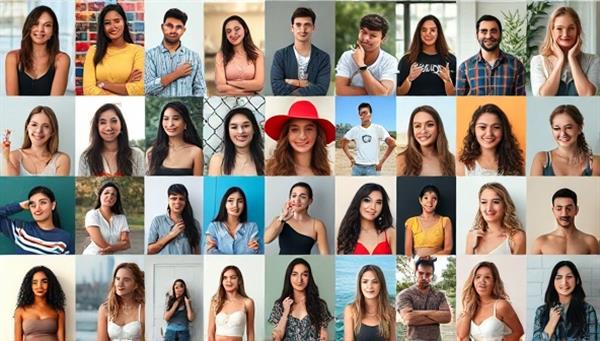 An array of diverse niche influencers showcasing their unique content styles and passion points in a visually cohesive collage, representing the diversity and specialization of talent available through NicheStar Talent agency.