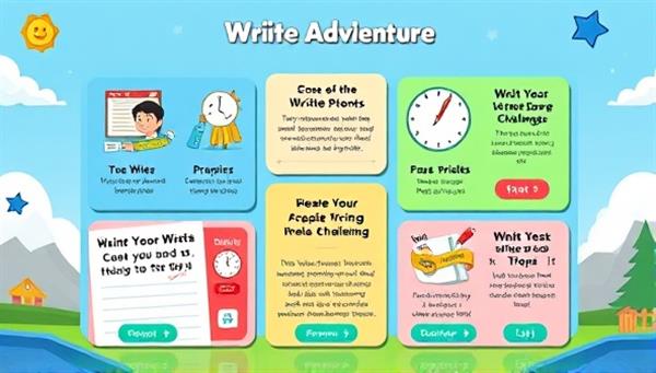 An engaging app interface showcasing a variety of writing challenges and prompts, with colorful graphics and a user-friendly design that encourages creativity and active participation, symbolizing a virtual writing adventure for users of all ages.