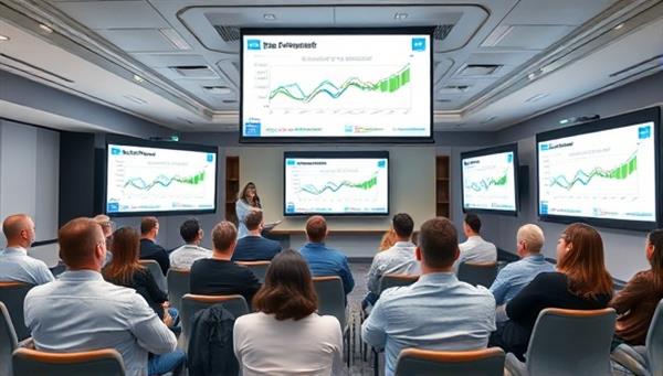 A virtual seminar room filled with digital screens displaying real estate investment graphs and charts, with participants engaging in discussions through video conferencing, illustrating the interactive and informative nature of InvestPro Virtual seminars.