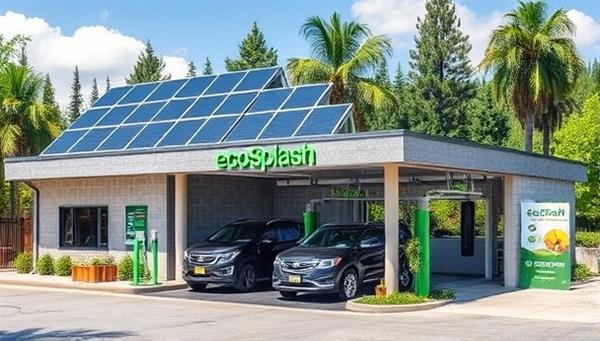 An eco-friendly car wash facility featuring a modern design with solar panels, rainwater collection systems, and visible water recycling equipment, surrounded by lush greenery and eco-conscious branding elements, showcasing the sustainability focus of EcoSplash Car Wash
