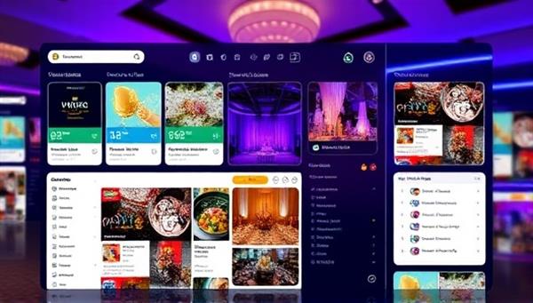 A virtual event planning dashboard displaying colorful event websites, guest lists, and budget tracking tools, with vibrant event decor and catering images in the background, conveying the platform