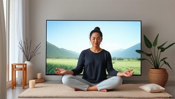 An online mental health coach leading a virtual meditation session with clients, surrounded by calming nature visuals, soothing music, and relaxation props, creating a serene and peaceful virtual space for emotional well-being.
